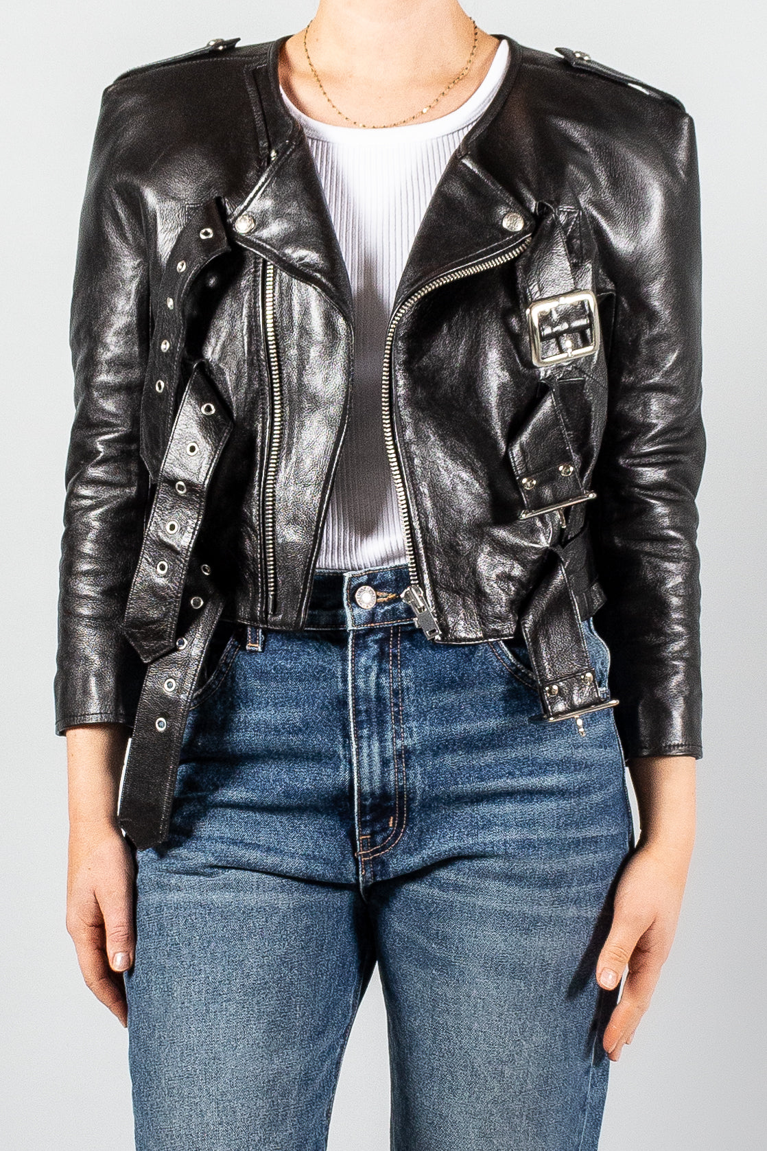 R13 Denim Square Shoulder Belted Motorcycle Jacket Black Leather