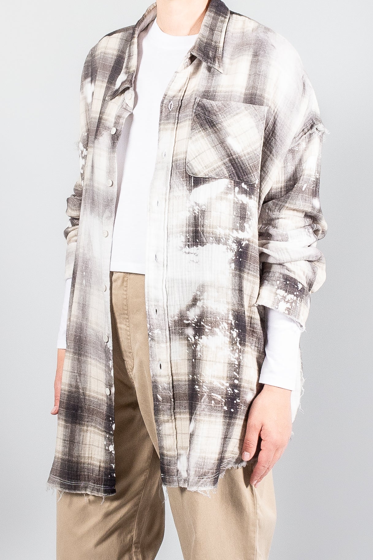 R13 Shredded Seam Drop Neck Shirt In Bleached Grey Plaid WE 44 OFF